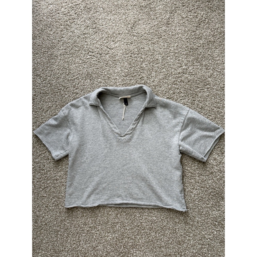 Heather Gray Cropped Henley Tee Size Small Oversized Loungwear College - Picture 5 of 5
